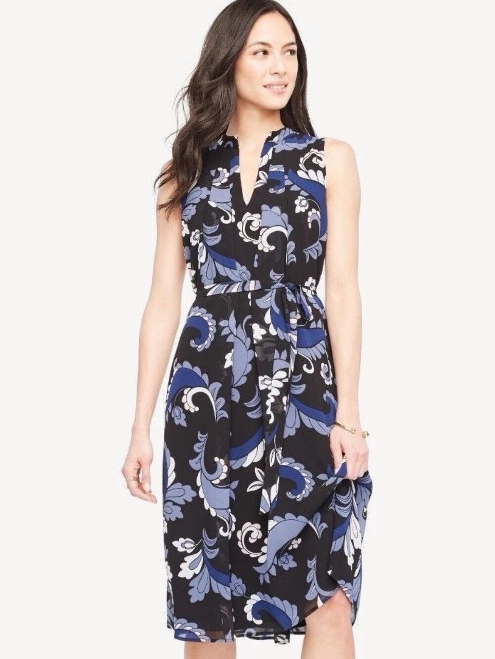Ann Taylor Size 6 Black & Blue Floral Paisly Tie-Waist Midi Dress